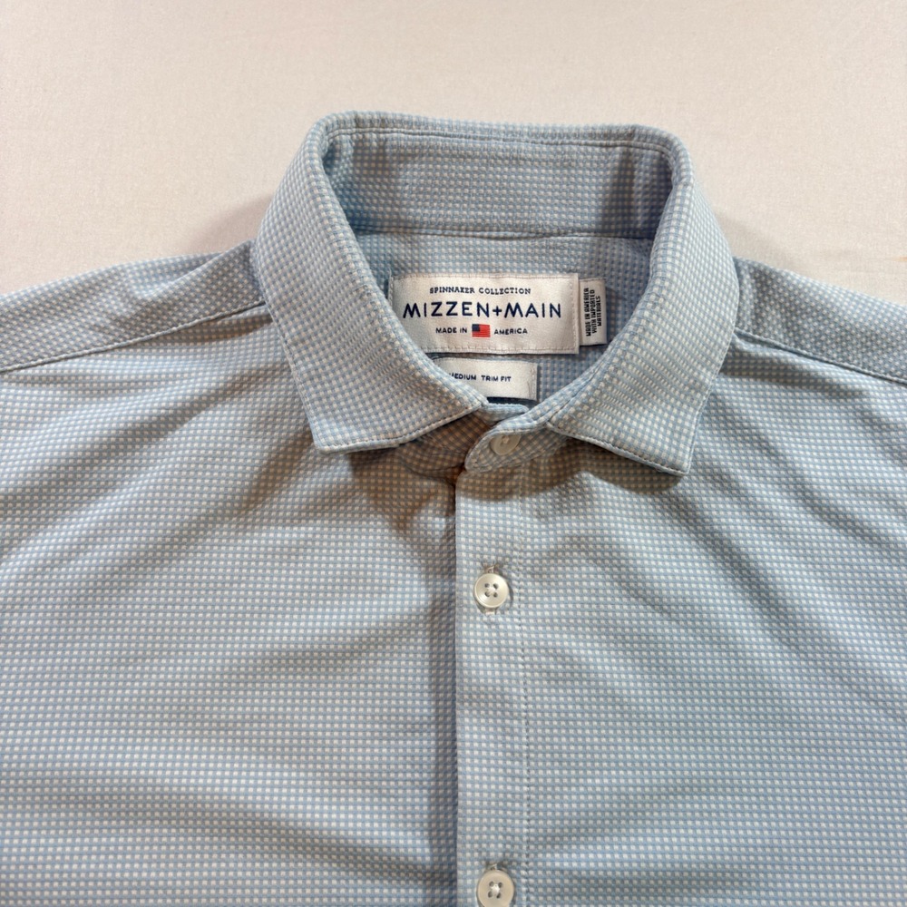 Mizzen + Main Spinnaker Shirt Mens Medium‎ Trim Fit Blue Micro Check Performance